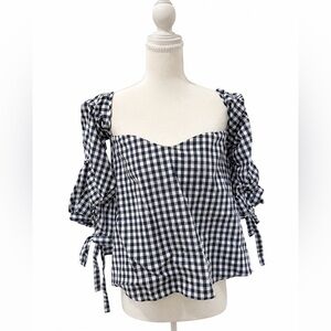 Haute Rogue Gingham Puff Sleeve Crop Top Black White Size M